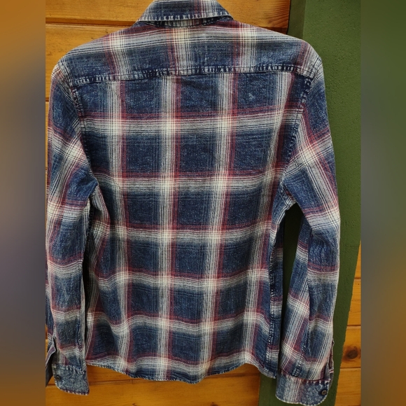 Flag & Anthem Long Sleeve Shirt Button Up Men's Small Blue Gray Berry Plaid USA - Picture 6 of 10